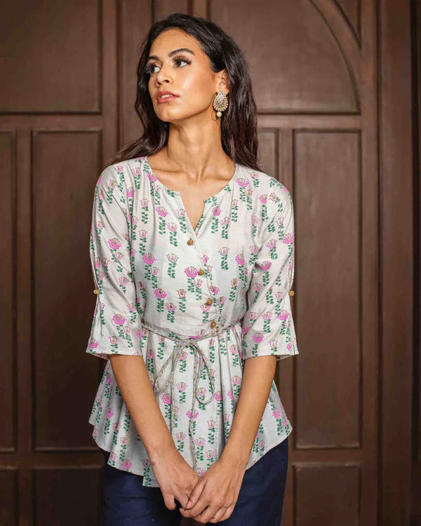 Gray Gold Printed Chanderi Silk Top