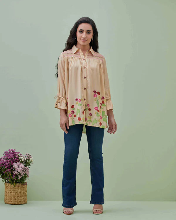 Floral Printed Fancy Smocked Yoke Shirt