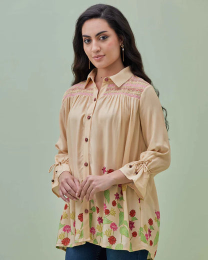 Floral Printed Fancy Smocked Yoke Shirt