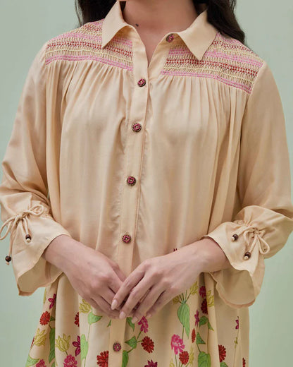 Floral Printed Fancy Smocked Yoke Shirt