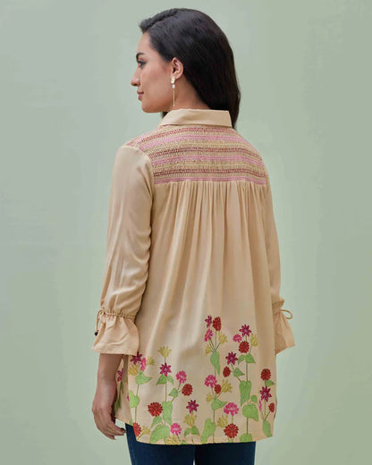 Floral Printed Fancy Smocked Yoke Shirt