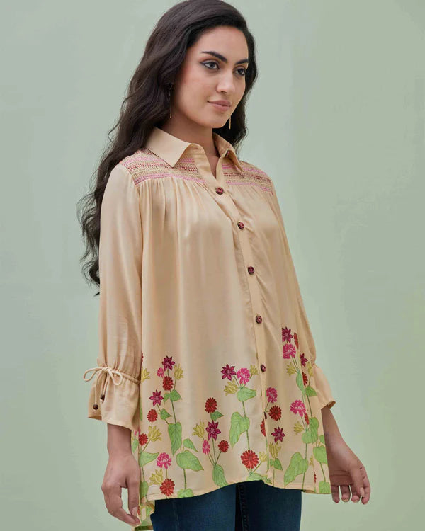 Floral Printed Fancy Smocked Yoke Shirt