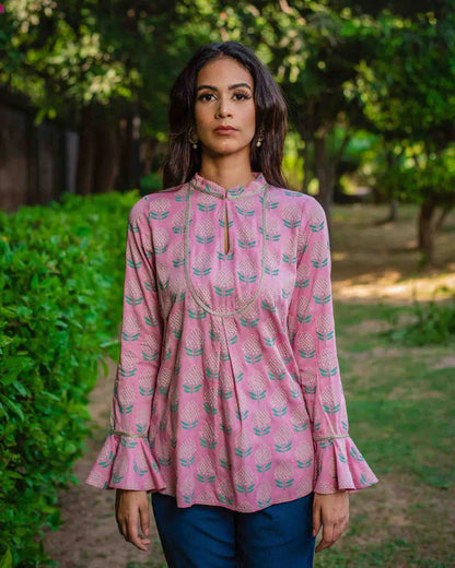 Blush Hand Block Print Modal Satin Bell Sleeve Top