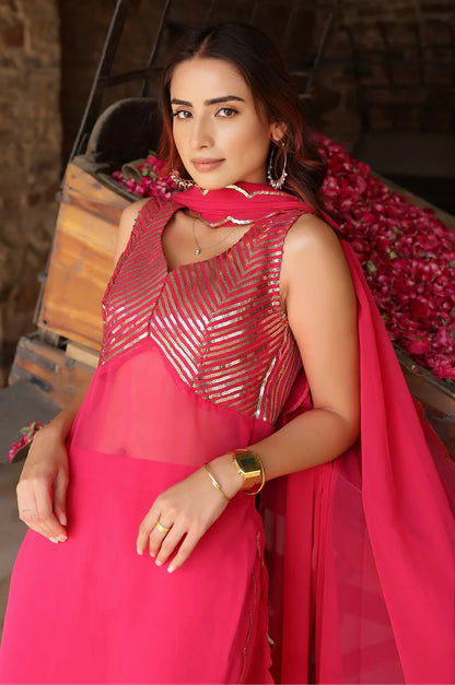 Hot Pink Sequin Georgette Kurta-Pant Set