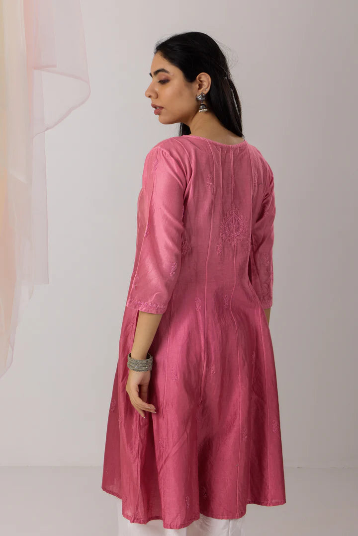 Radiant Bubblegum Pink Chikankari Pure Chanderi Anarkali