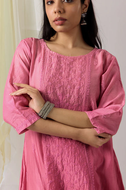 Radiant Bubblegum Pink Chikankari Pure Chanderi Anarkali