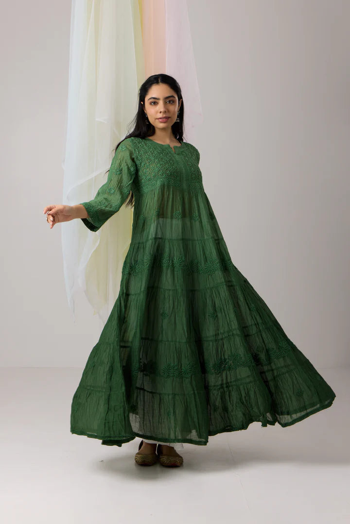 Enigmatic Dark Green Chikankari Mul Chanderi Flared Dress