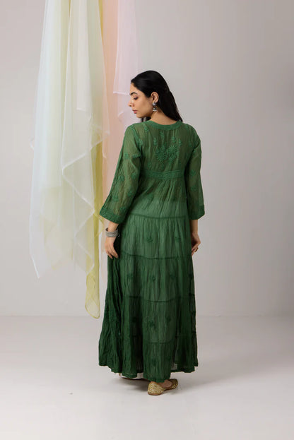 Enigmatic Dark Green Chikankari Mul Chanderi Flared Dress