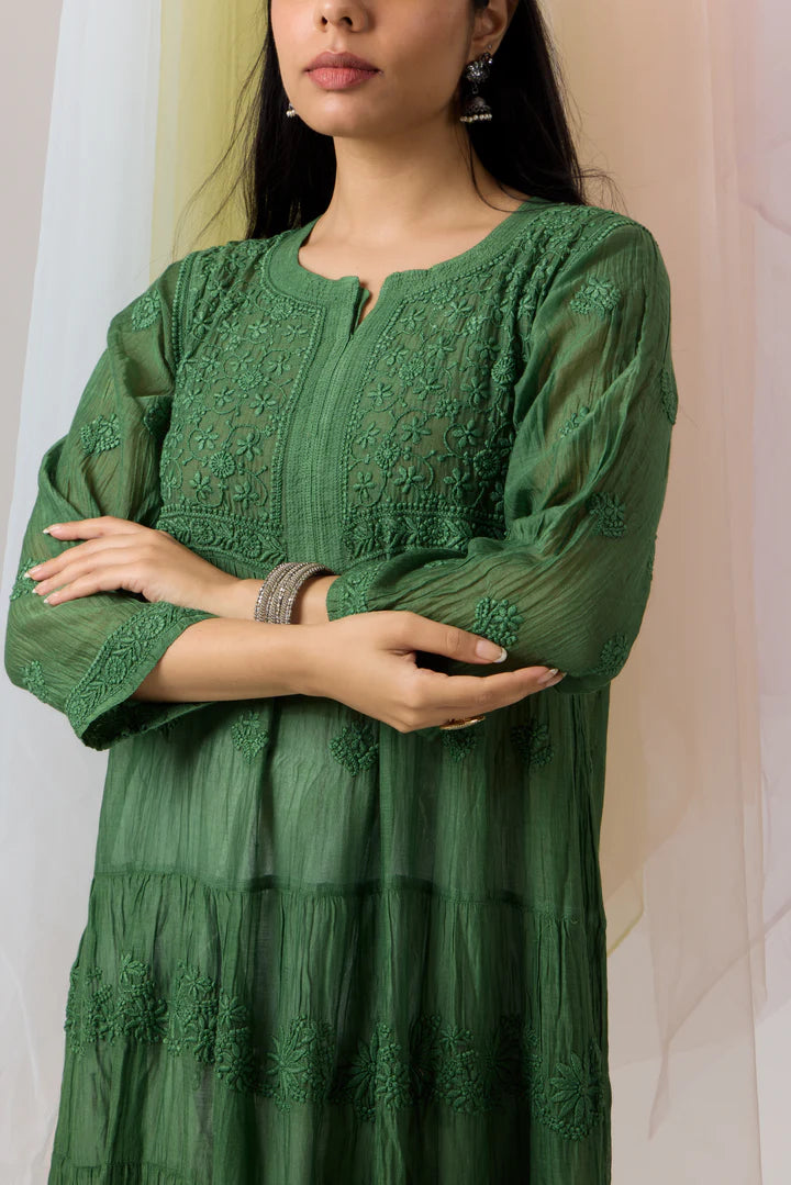 Enigmatic Dark Green Chikankari Mul Chanderi Flared Dress