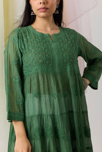 Enigmatic Dark Green Chikankari Mul Chanderi Flared Dress