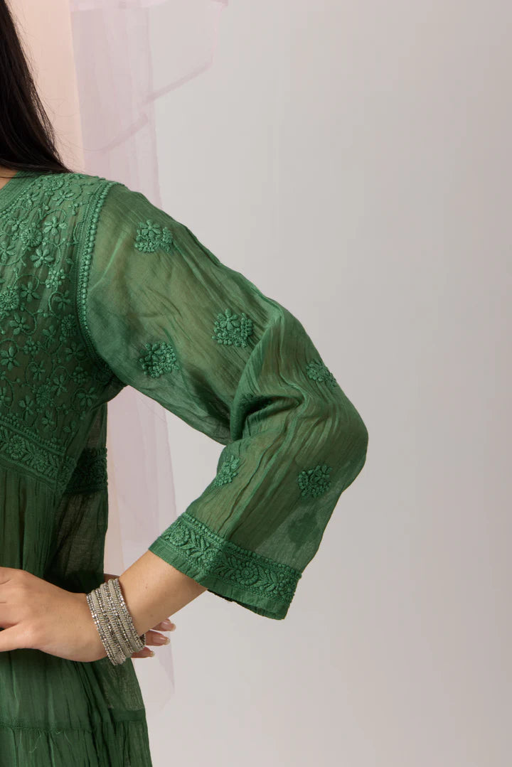 Enigmatic Dark Green Chikankari Mul Chanderi Flared Dress