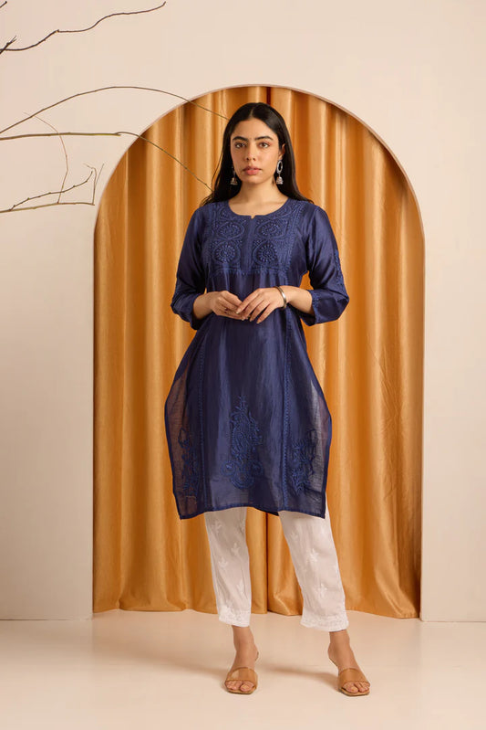 Navy Majesty Chikankari Pure Chanderi Kurti