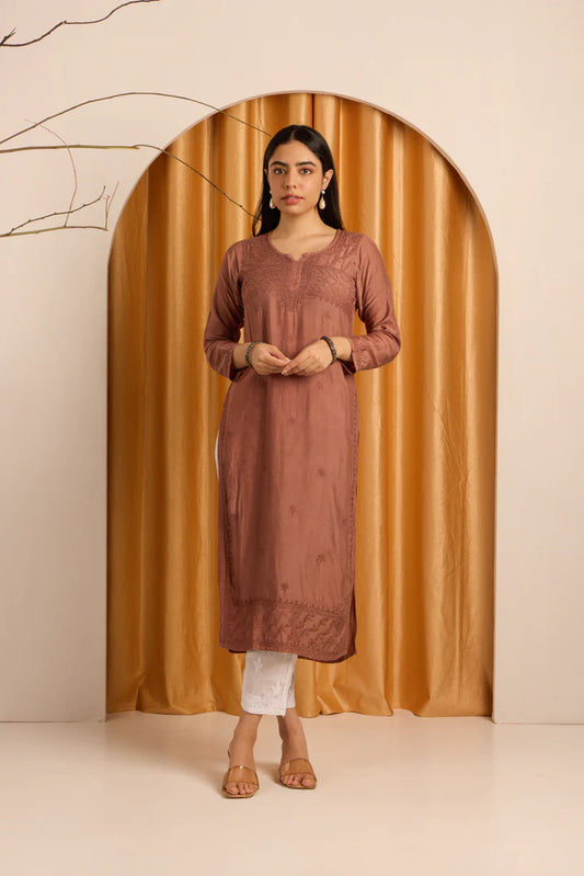 Rustic Cherry Wood Chikankari Brown Kurti