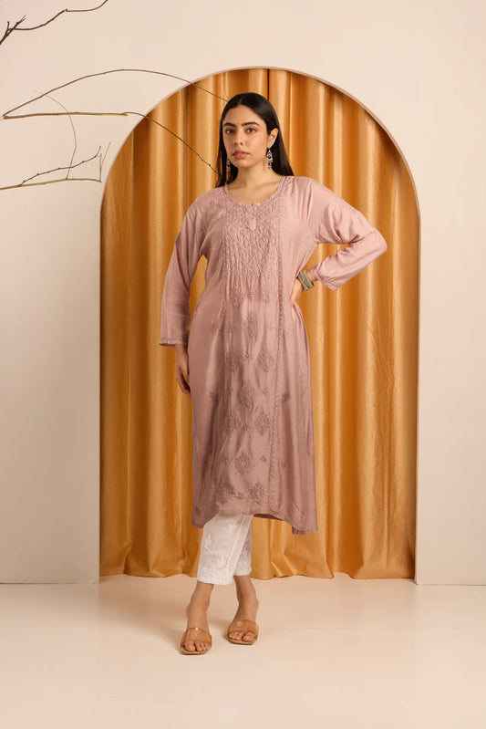 Elegant Nude Beige Chikankari Kurti with Mukaish work