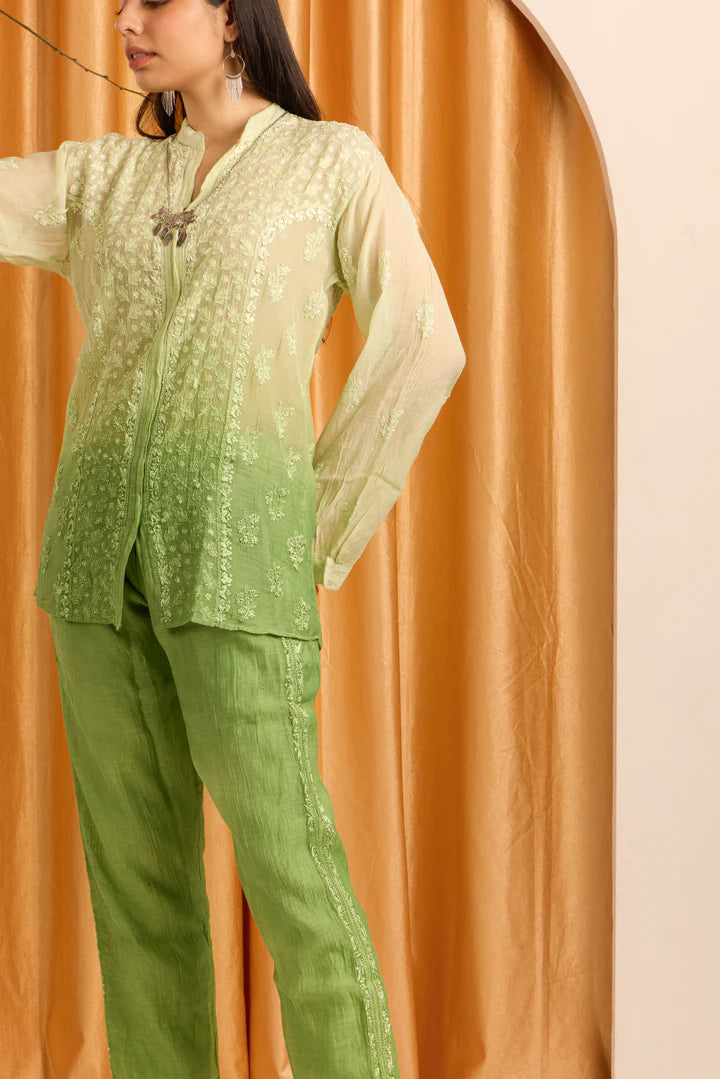 Pastoral Pistachio Green Chikankari Mul Chanderi Ombre Set