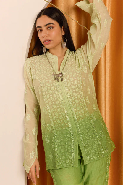 Pastoral Pistachio Green Chikankari Mul Chanderi Ombre Set