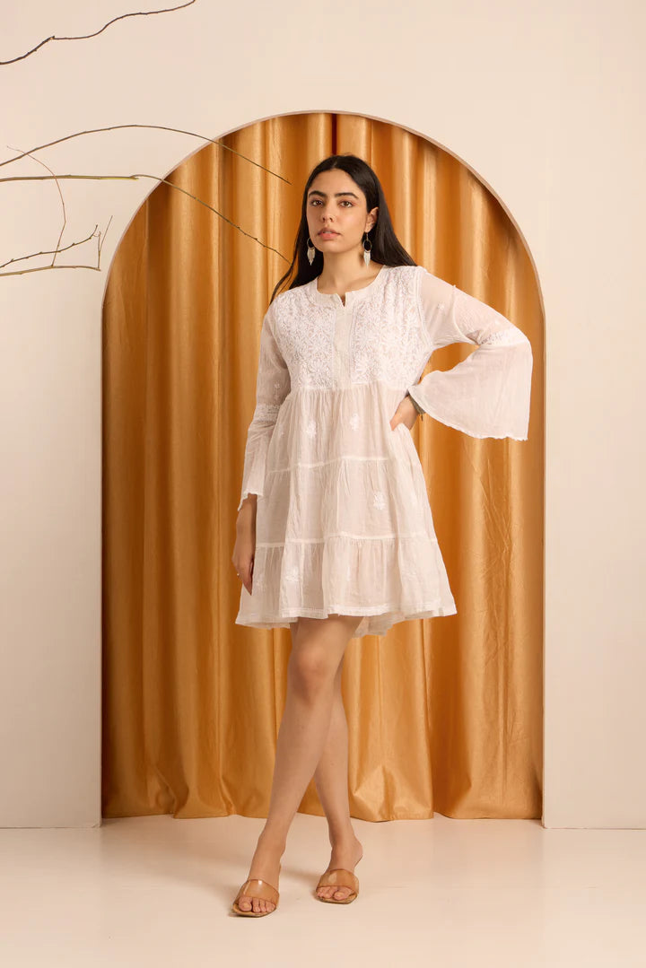 Elegant White Chikankari Short Dress