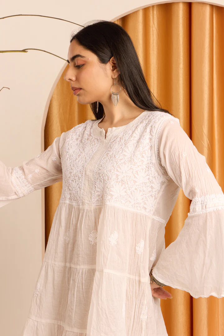 Elegant White Chikankari Short Dress