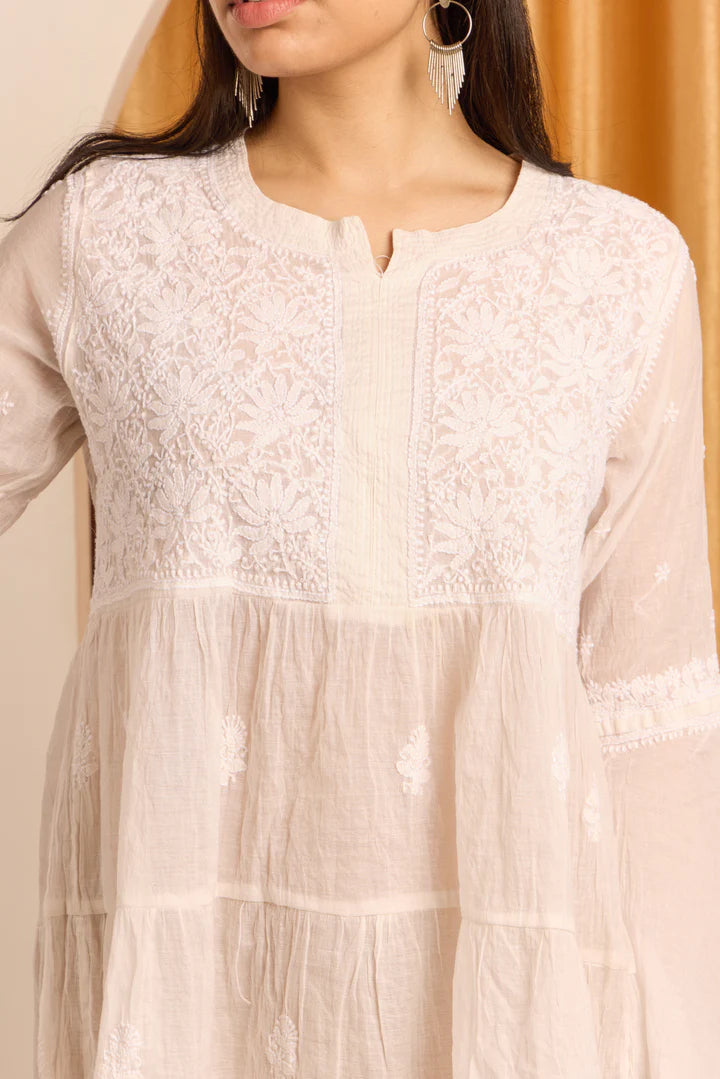 Elegant White Chikankari Short Dress