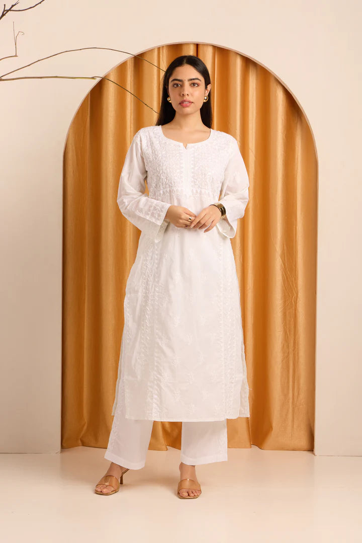 Crisp White Chikankari Cotton Kurta Pant Set with Daraj work