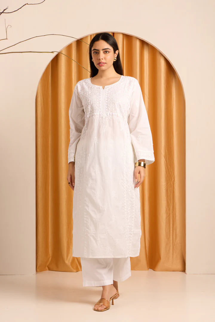 Crisp White Chikankari Cotton Kurta Pant Set with Daraj work