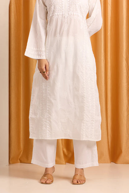 Crisp White Chikankari Cotton Kurta Pant Set with Daraj work