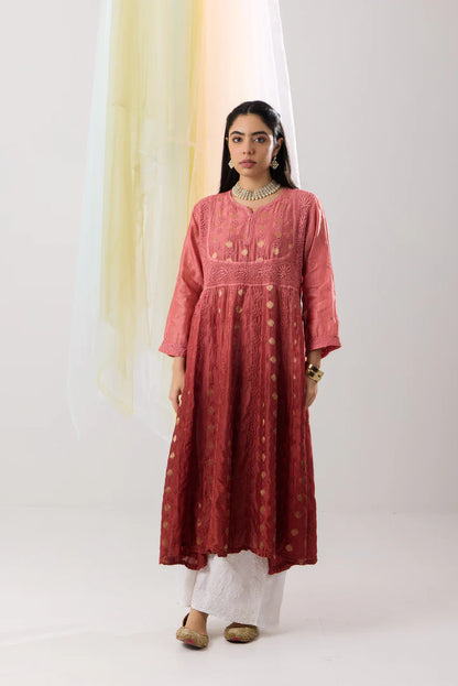 Radiant Rose Red Ombre Banarasi Chanderi Chikankari Anarkali