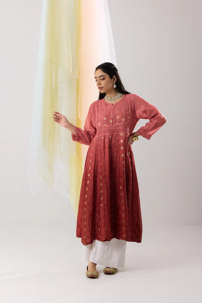 Radiant Rose Red Ombre Banarasi Chanderi Chikankari Anarkali