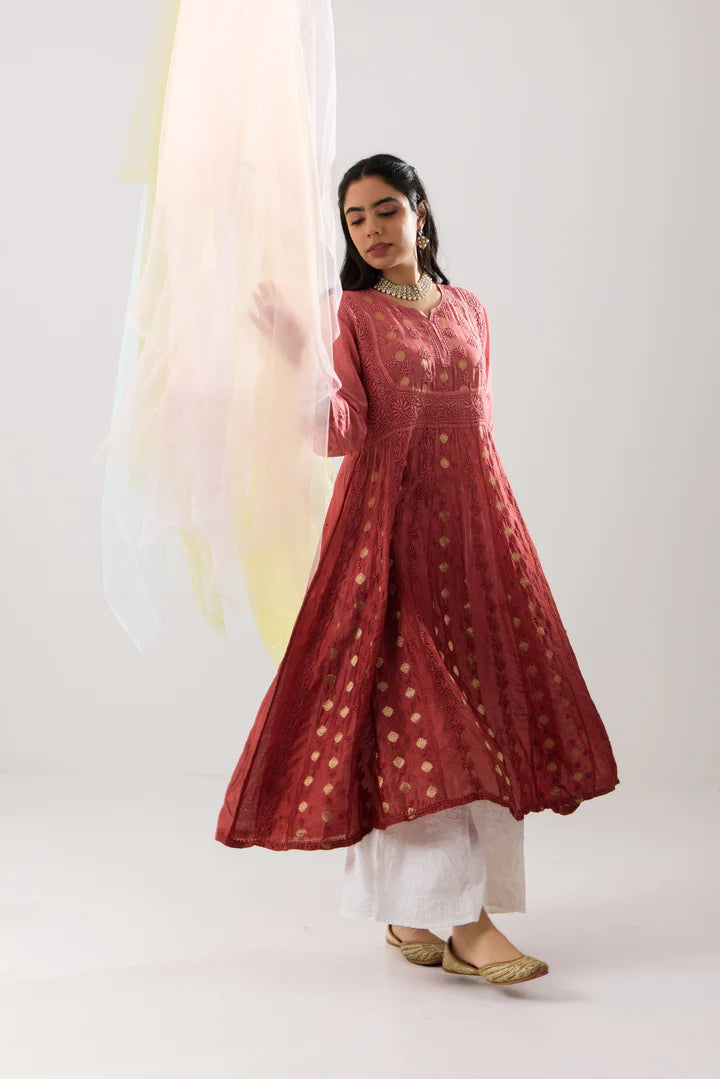 Radiant Rose Red Ombre Banarasi Chanderi Chikankari Anarkali