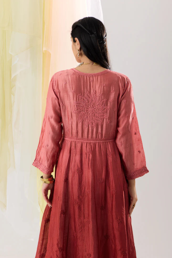 Radiant Rose Red Ombre Banarasi Chanderi Chikankari Anarkali