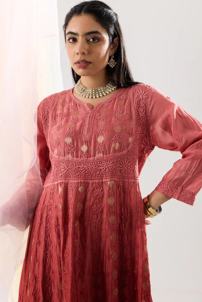 Radiant Rose Red Ombre Banarasi Chanderi Chikankari Anarkali