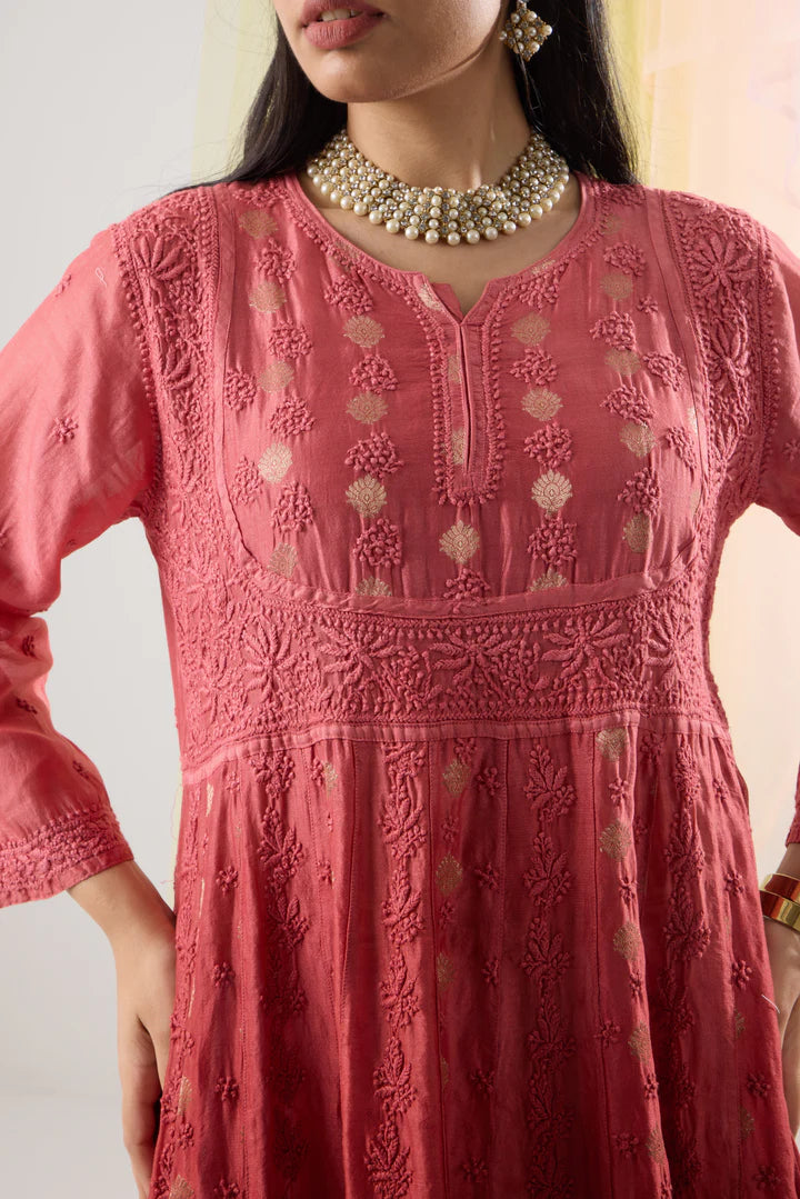 Radiant Rose Red Ombre Banarasi Chanderi Chikankari Anarkali