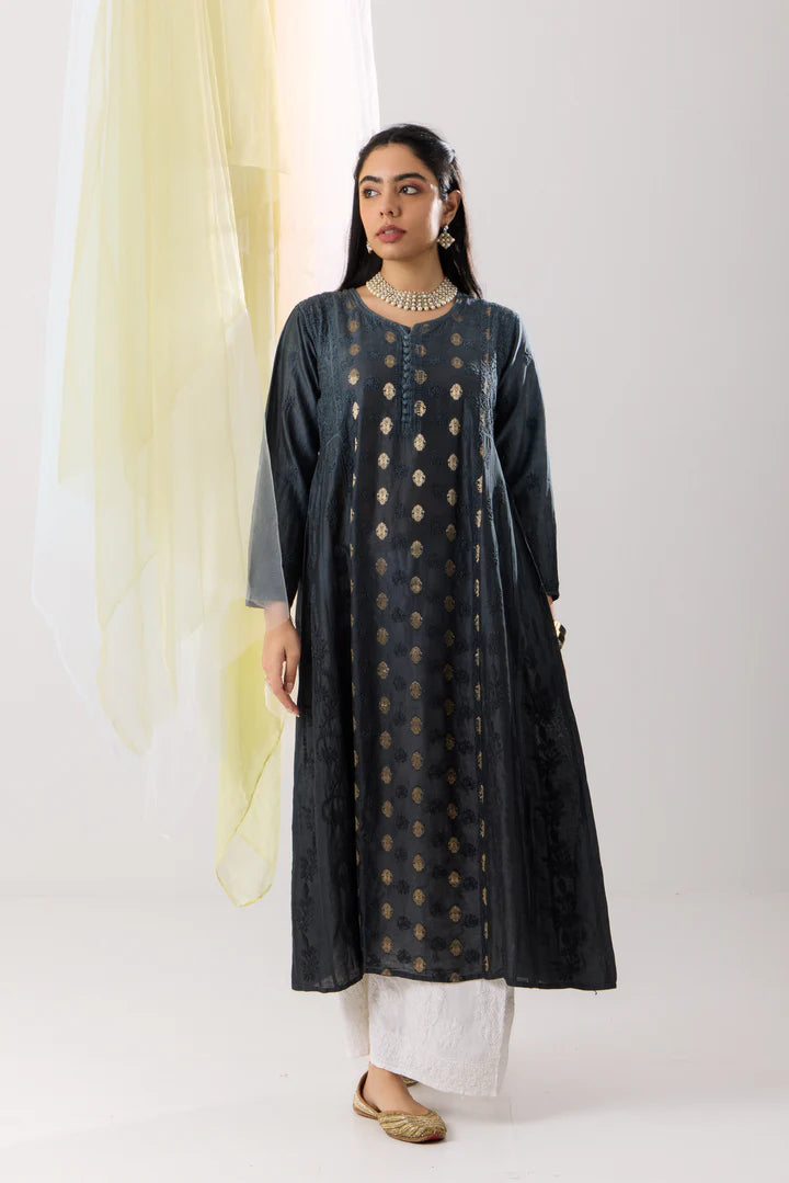 Sophisticated Slate Grey Ombre Chanderi Banarasi Chikankari A-line Kurta