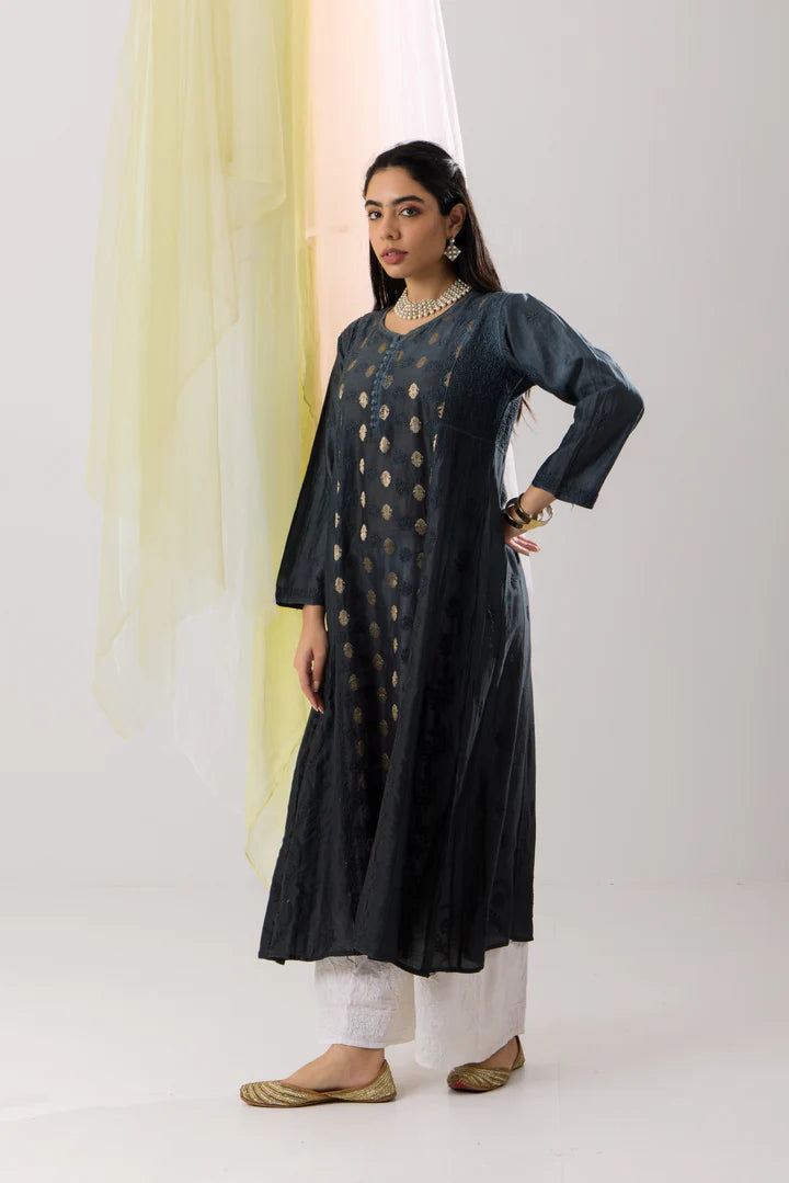 Sophisticated Slate Grey Ombre Chanderi Banarasi Chikankari A-line Kurta