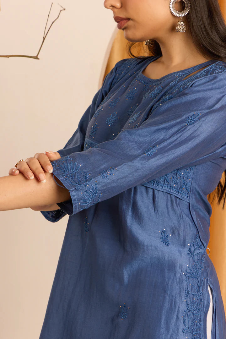 Regal Royal Blue Chikankari Kurti with Mukaish work