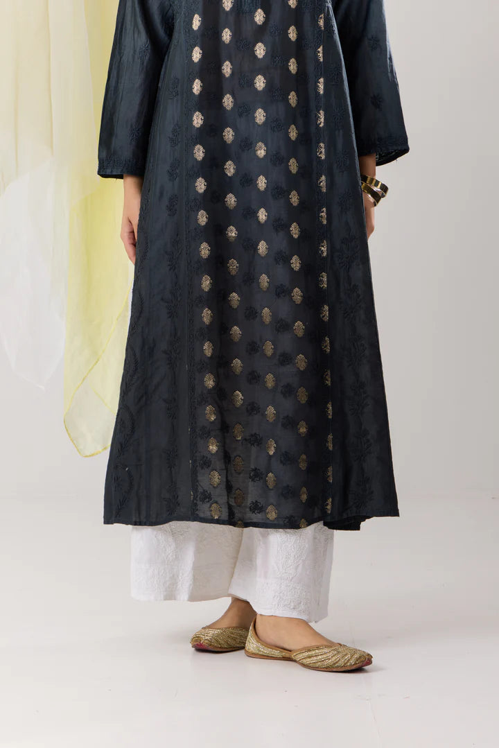 Sophisticated Slate Grey Ombre Chanderi Banarasi Chikankari A-line Kurta