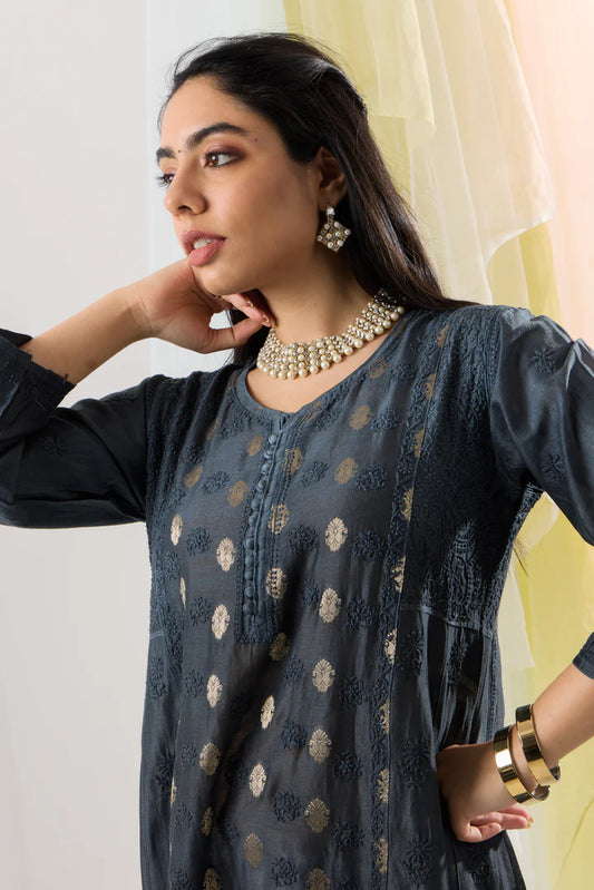 Sophisticated Slate Grey Ombre Chanderi Banarasi Chikankari A-line Kurta