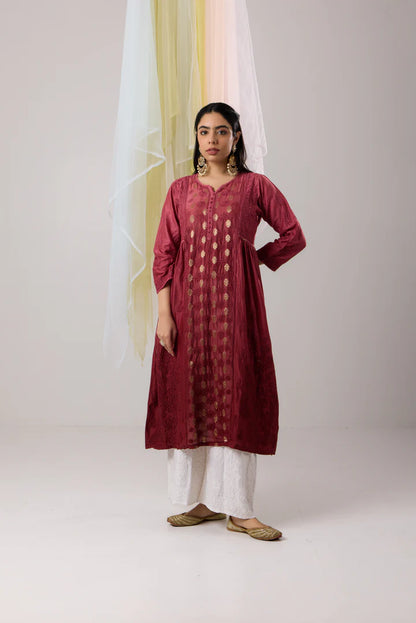 Vibrant Scarlet Red Ombre Banarasi Chanderi Chikankari A-line Kurta