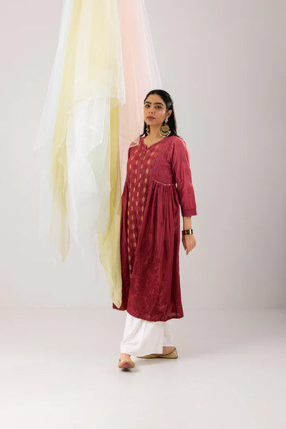 Vibrant Scarlet Red Ombre Banarasi Chanderi Chikankari A-line Kurta