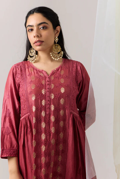 Vibrant Scarlet Red Ombre Banarasi Chanderi Chikankari A-line Kurta