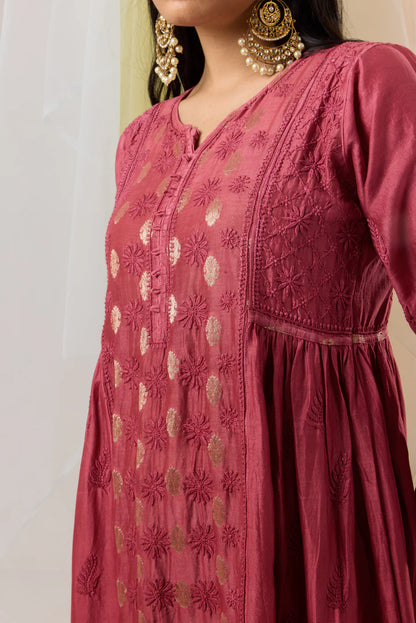 Vibrant Scarlet Red Ombre Banarasi Chanderi Chikankari A-line Kurta