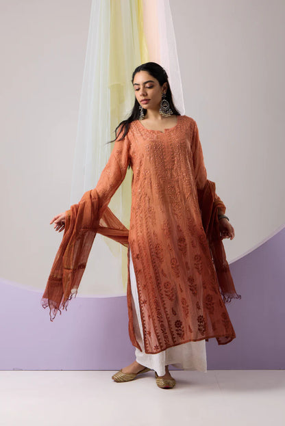 Rustic Rust Orange Ombre Kurta Mul Chikankari Dupatta Set with Daraj Work