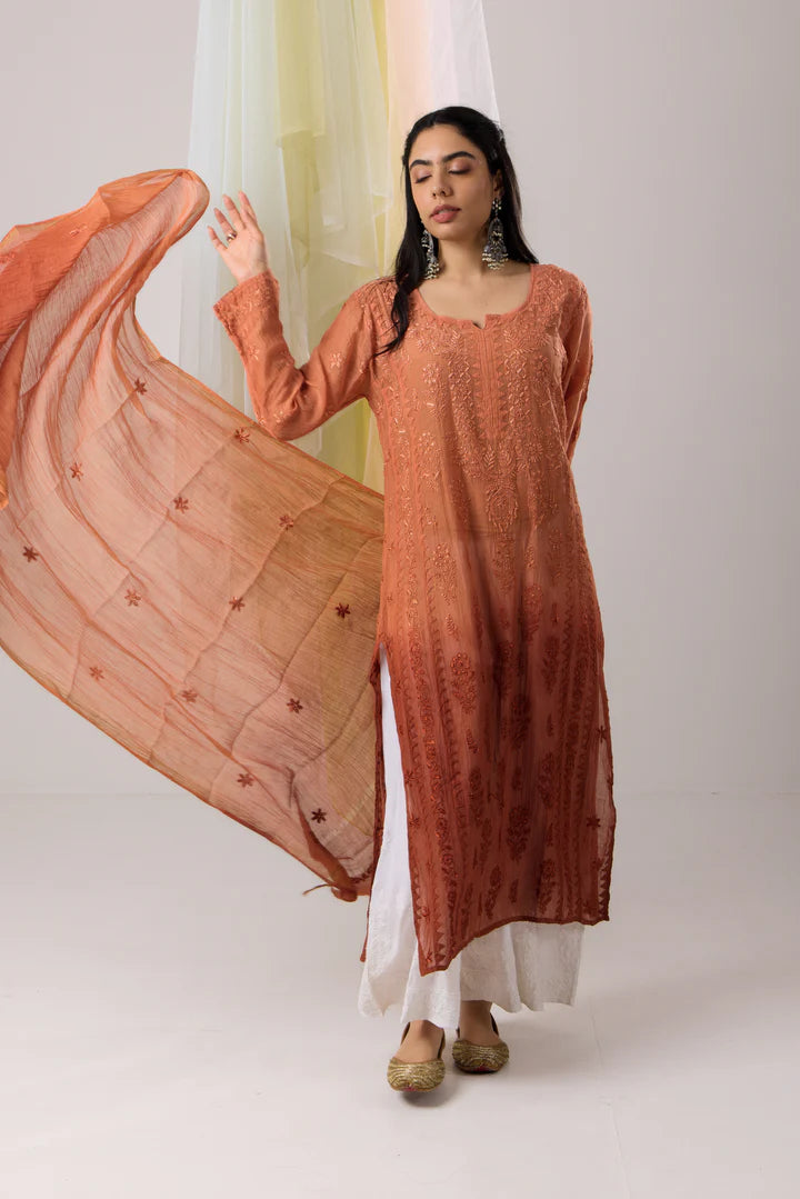 Rustic Rust Orange Ombre Kurta Mul Chikankari Dupatta Set with Daraj Work