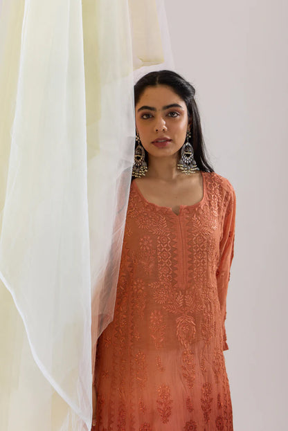 Rustic Rust Orange Ombre Kurta Mul Chikankari Dupatta Set with Daraj Work