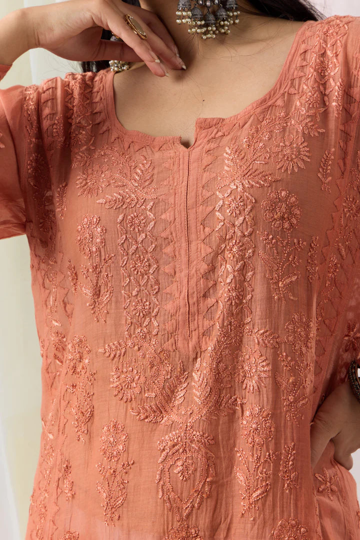 Rustic Rust Orange Ombre Kurta Mul Chikankari Dupatta Set with Daraj Work