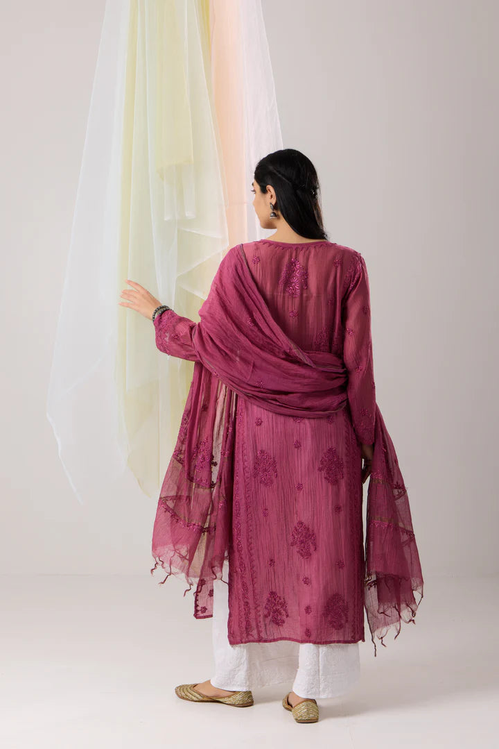 Majestic Magenta Chikankari Mul Chanderi Kurta Dupatta Set with Daraj Work