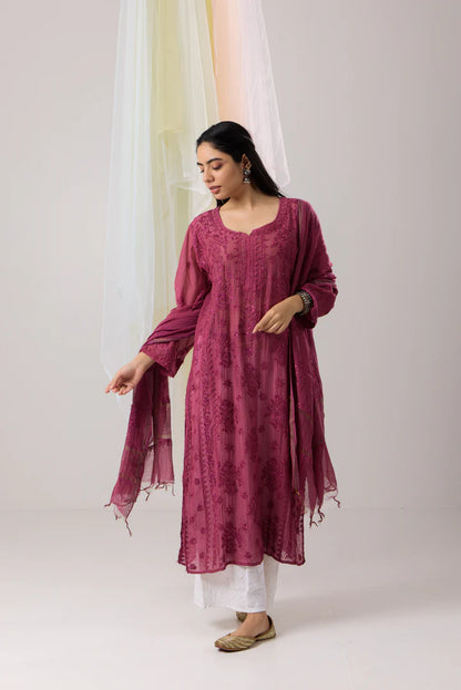 Majestic Magenta Chikankari Mul Chanderi Kurta Dupatta Set with Daraj Work