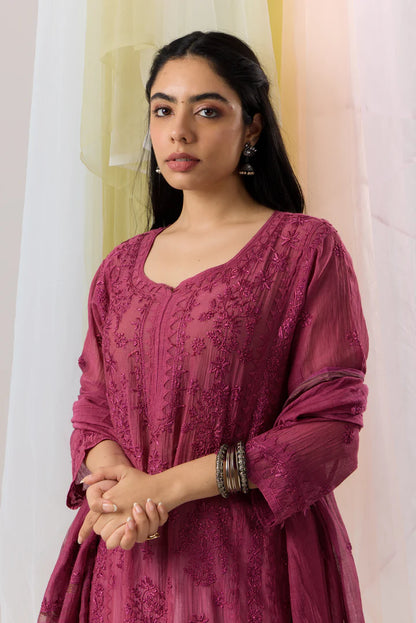 Majestic Magenta Chikankari Mul Chanderi Kurta Dupatta Set with Daraj Work