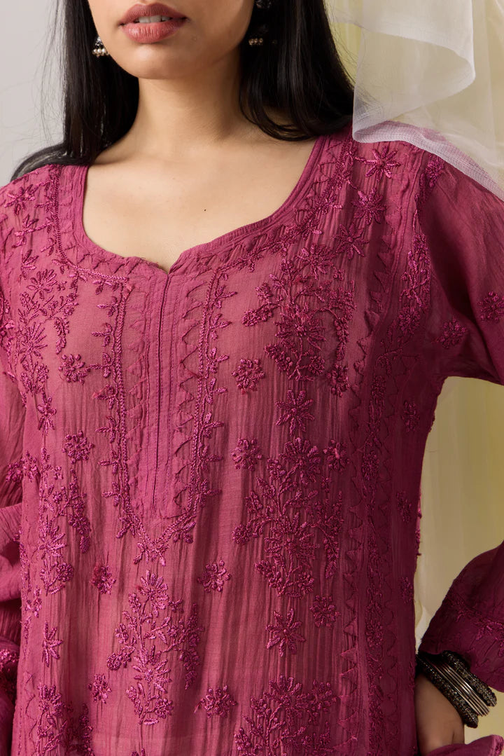 Majestic Magenta Chikankari Mul Chanderi Kurta Dupatta Set with Daraj Work