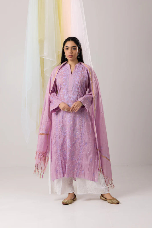 Luminous Lavender Chikankari Zari Tissue Kurta Dupatta Set